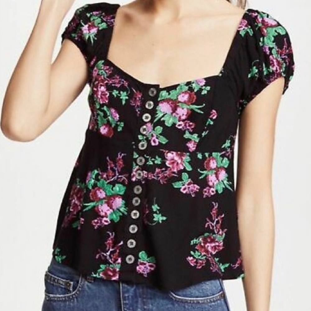 Free People Vibrant Floral print shell button top